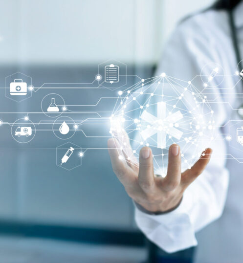 Technology Innovation and medicine concept. Doctor and medical network connection with modern virtual screen interfacein in hand on hospital background